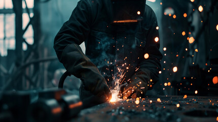 A man in a black jacket is working on a piece of metal with sparks flying. Concept of danger and excitement, as the sparks and heat from the welding process create a dramatic and intense atmosphere - obrazy, fototapety, plakaty
