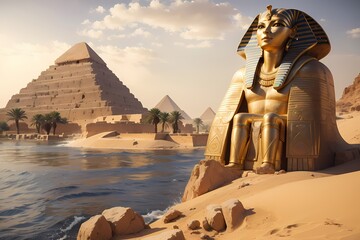 sphinx and pyramid - obrazy, fototapety, plakaty