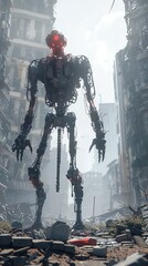 Craft a mind-bending depiction of a cybernetic monster standing among destroyed buildings, created in CG 3D rendering to emphasize its menacing presence in a post-apocalyptic world