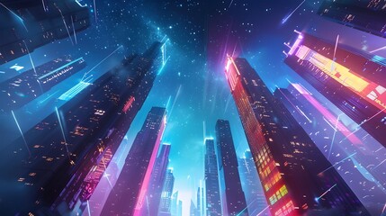 Captivating Futuristic Cityscape Under Starry Nightsky with Vibrant Neon Illumination