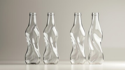 The gentle curves of glass water bottles captured in a minimalist, environmentally conscious presentation - obrazy, fototapety, plakaty