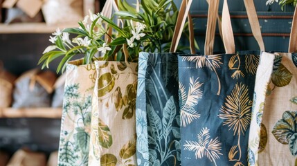 Organic cotton and jute shopping bags, featuring simple yet stylish prints for the eco-conscious shopper