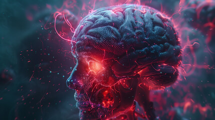 Futuristic Style brain affected by a stroke resulting in paralysis and speech impairment.