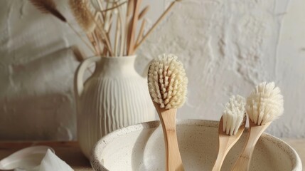 Elegant composition of eco dish brushes, a statement of minimalist and sustainable living