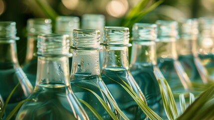 Eco-inspired glass water bottles, emphasizing transparency and sustainability in a close-up shot - obrazy, fototapety, plakaty