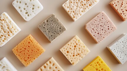 Eco-friendly sponges in a clean, minimalist layout, showcasing biodegradability up close - obrazy, fototapety, plakaty