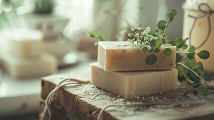 Delicate close-up of handmade soaps, crafted from natural ingredients, in a minimalist eco setting