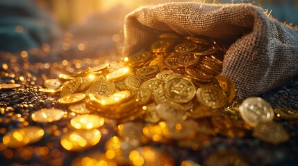 Photorealistic image of gold coins spilling out of a sack, closeup, in natural light ,ultra HD,clean sharp,high resulution - obrazy, fototapety, plakaty