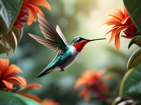 Beautiful Hummingbird in Tropical Garden.3d Illustration. Art

