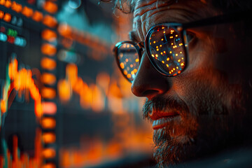 Trader with market data reflections in glasses.  - obrazy, fototapety, plakaty