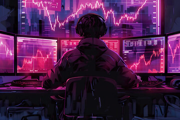 Trader monitoring financial markets on multiple screens. 