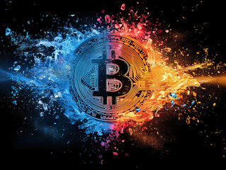 A Bitcoin symbol in a dynamic clash of water and fire elements. 