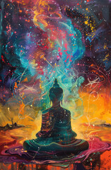 In the quantum cosmos a solitary Buddha finds solace his thoughts soaring with planes weaving financial serenity