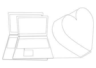 One continuous line of Laptop with Heart. Thin Line Illustration vector concept. Contour Drawing Creative ideas.