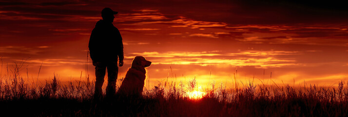 silhouette of male hunter standing with dog in field in morning at dawn in summer hunt