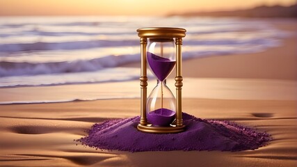 A photorealistic depiction of a golden hourglass filled with purple sand, set against a soft and warm background to evoke the feeling of the golden hour. The image captures the intricate details of th - obrazy, fototapety, plakaty
