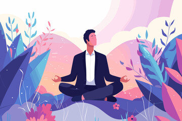 Mindful business leader meditating in peaceful nature setting, work-life balance concept