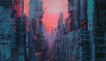 Capture a surreal dystopian cityscape filled with towering skyscrapers and crumbling infrastructure using digital glitch art techniques Bring the intricate details of this decaying world to life throu