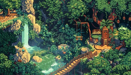 Obraz premium Craft a pixel art masterpiece showcasing a whimsical birds-eye view of a musical jungle, where animals play instruments symbolizing survival stories in a surreal setting