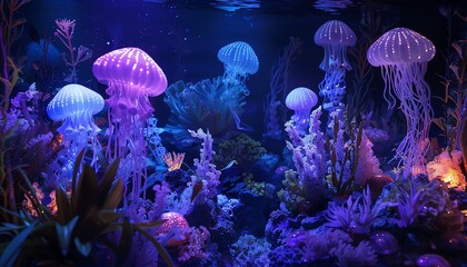 Sculpt a terrifying underwater world seen from a birds eye view with clay Illuminate the scene with innovative lighting, like glowing jellyfish and bioluminescent creatures, creating a chilling atmosp - obrazy, fototapety, plakaty