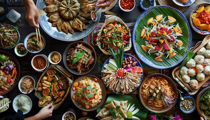 Transform the essence of Culinary Arts and Cultural Festivals into a mesmerizing digital rendering, blending flavors and traditions seamlessly with drone photography techniques, creating a visually st