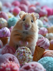 A cute hamster surrounded by colorful ice cream cones and sweets, looking directly at the camera.