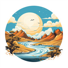 Desert landscape with river and mountains. Vector illustration in cartoon style