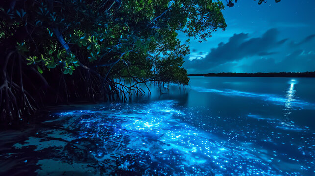 Picture the ethereal radiance of bioluminescent algae illuminating the night amidst