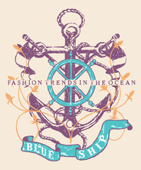 Vector illustration of anchor with wheel and text. Nautical art for print on t-shirts, posters, etc...