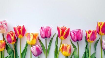 Vibrant tulips forming a colorful border on a pristine white background