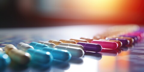 Fototapeta premium Row of colorful pills are lined up on table