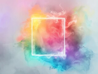 A vibrant watercolor design of a square neon frame with corners transitioning through the entire spectrum of a rainbow