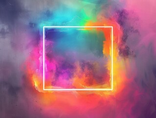 A vibrant watercolor design of a square neon frame with corners transitioning through the entire spectrum of a rainbow