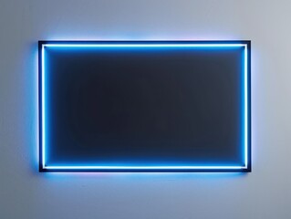 A vibrant neon frame in electric blue outlining a minimalist black and white photograph on a clean white background - obrazy, fototapety, plakaty