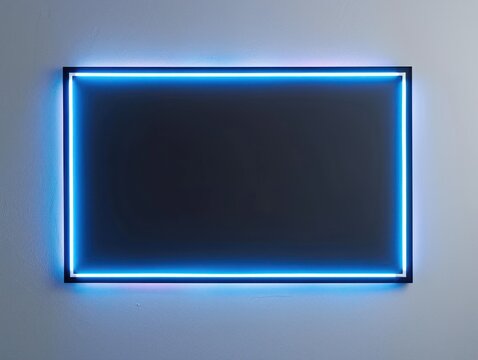 A vibrant neon frame in electric blue outlining a minimalist black and white photograph on a clean white background