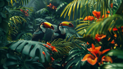 Fototapeta na wymiar Two Toucans Perched in Lush Tropical Foliage with Vibrant Flowers