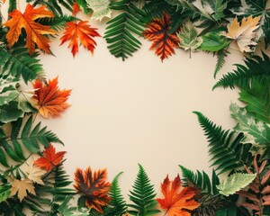 Fototapeta na wymiar A vibrant frame of mixed foliage including ferns and maple leaves