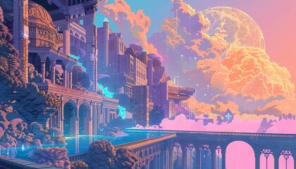 Transform architectural wonders into surreal settings for superhero tales, merging pixel art with glitch art techniques to create a unique visual narrative, combining intricate details and vibrant col