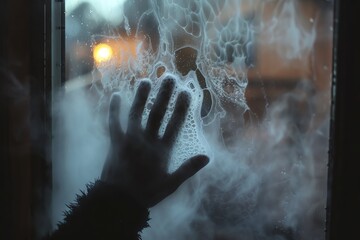 A ghostly hand mysteriously writing a message on a steamy window - obrazy, fototapety, plakaty