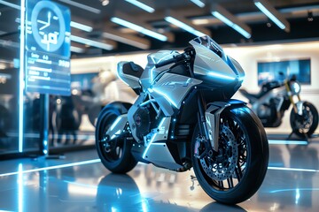 A generic modern speed motorbike displayed in a showroom or garage with data infographics on turbo or electric engines - obrazy, fototapety, plakaty