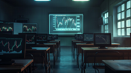 a dark and empty classroom where each desk has a monitor showing stock charts. The monitors provide the only light for the room. The whiteboard at the front of the room displays a very color cu