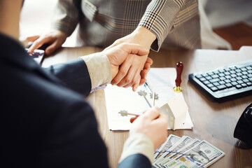 Businessman and woman shake hands as hello in office closeup. Friend welcome, introduction, greet...
