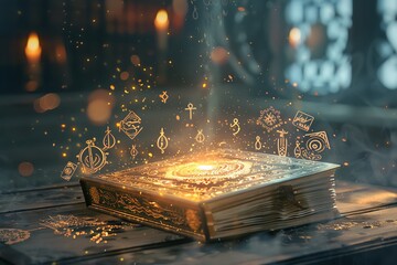 A magical book with pages that illuminate, surrounded by ancient symbols levitating around it - obrazy, fototapety, plakaty