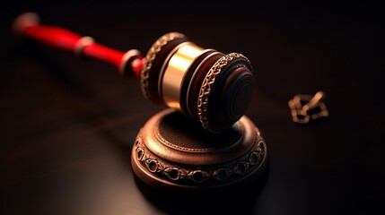 Law theme, mallet of judge, wooden gavel on a dark background
