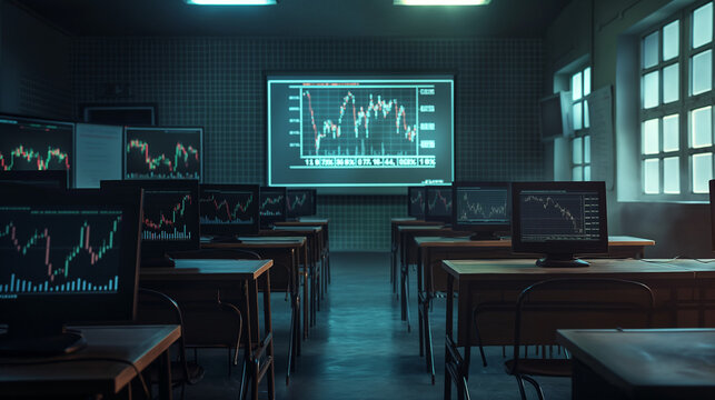 a dark and empty classroom where each desk has a monitor showing stock charts. The monitors provide the only light for the room. The whiteboard at the front of the room displays a very color cu - Powered by Adobe