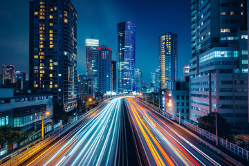 Urban Nightscape, City Skyline, Light Trails on Highway