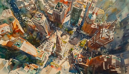 Capture the majestic aerial view of architectural wonders using intricate watercolor techniques, blending vibrant hues and soft edges to evoke a dreamlike quality