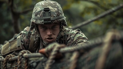 Fototapeta premium A soldier navigating an obstacle course during training, focusing on physical agility and skill