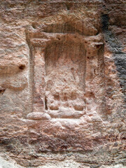 Religious  altars carved into Al Siq gorge wall of the Historical Reserve of the Petra near the Wadi Musa city which is home to the Petra in Jordan