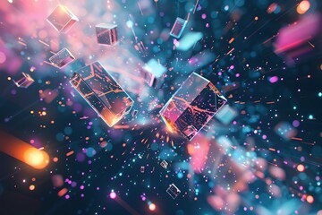 Abstract 3D render of geometric shapes dissolving into particles amidst neon light trails in a cyber realm - obrazy, fototapety, plakaty